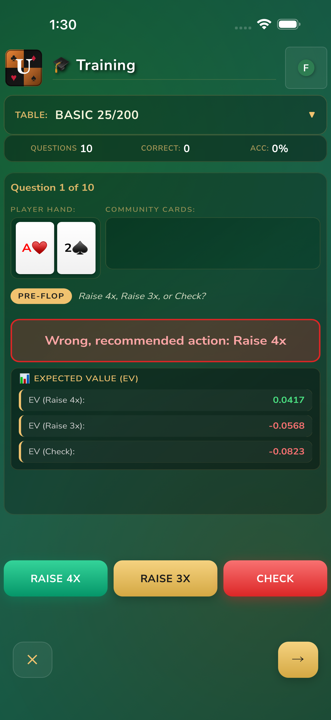 UPokerTrainer training screen showing a hand in progress